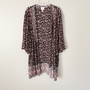 Knox Rose Size L Black Printed Floral Ditsy Print Kimono Open Front Big Sleeves